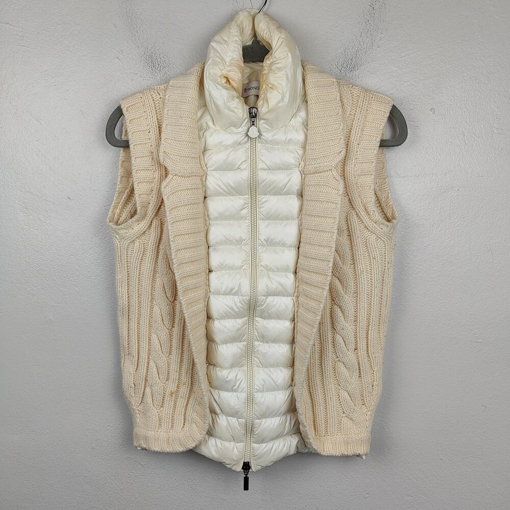 Moncler Sweater Vest Womens XS Cream Down Puffer Full Zip Cableknit Wool Preppy‎